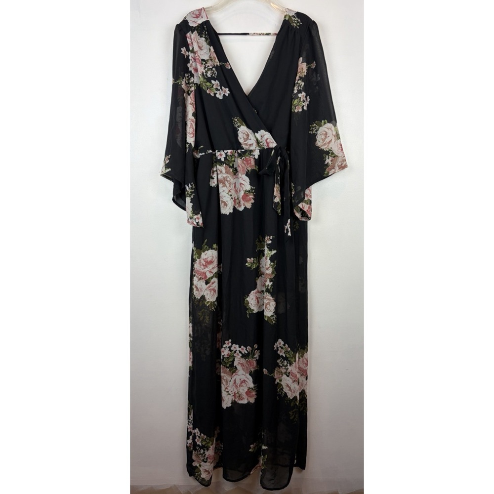 Romantic Maxi Dress Womens Medium Black Floral V Neck Wrap Style Evening Sheer